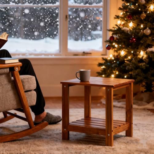 Utoplike Teak Side Table Outdoor, Patio End Table Double Layer for Garden | Wooden Coffee Accent Tables for Backyard, Pool, Bed, Living Room, Couch, Two-Tier - size: 2-Tier