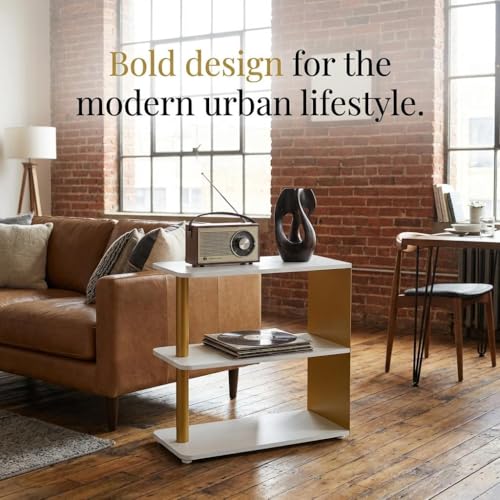 3-Tier Narrow End Table, Industrial Slim Side Table for Small Spaces, Sofa Couch Table Accent Nightstand with Storage Shelves for Living Room, Bedroom, Gold and White - color: Gold