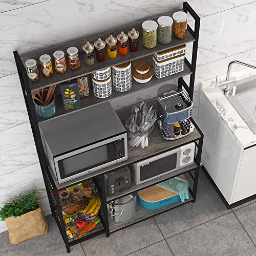 Kitchen Bakers Rack with Baskets,Free Standing Shelf,5-Tier Kitchen Utility Storage Shelf with Hooks, Microwave Oven Stand Rack Grey - color: Grey