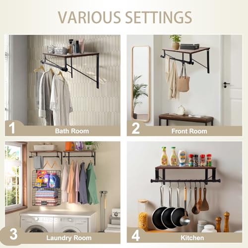 Wall Mounted Shelf with Hanging Rod, Laundry Room Shelves, Space Saving Organization for Bedroom, Bathroom, Laundry Room, Closet, Kitchen & Front Door