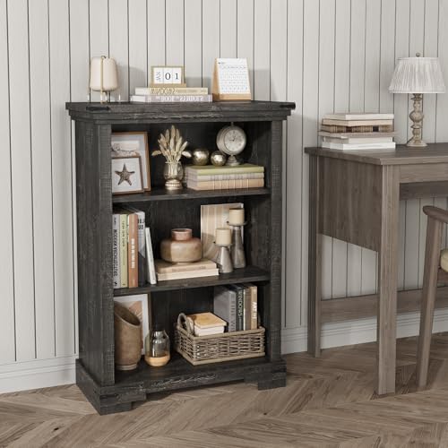 3-Tier Farmhouse Bookshelf, Book Shelf with Open Storage & One Adjustable Shelf, 9.8" D x 26" W x 38" H, Wooden Bookshelf for Study Room, Living Room, Kitchen, Bedroom (Black) - color: Black