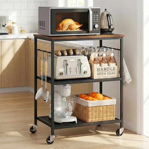 Homleke 3-Tier Rolling Kitchen Microwave Cart, Kitchen Utility Cart on Lockable Wheels, Coffee Bar Table Station with 6 S-Shaped Hooks, Small Appliance Storage Shelf, Rustic Brown and Black - color: Rustic Brown and Black, size: 3-Tier