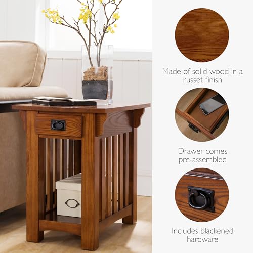 Leick Home Mission End Table, Solid Wood Construction, One Drawer, Bottom Display Shelf, Slatted Sides, Easy-Assembly, Medium Oak, 25.0 in. L x 17.0 in. W x 23.0 in. H, 8206 - color: Medium Oak / Blackened, size: Chairside