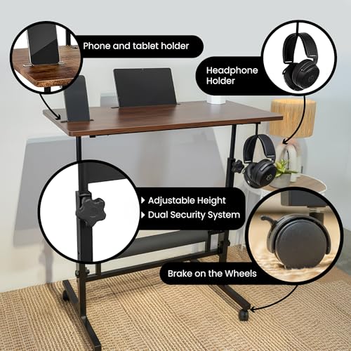 Small Rolling Desk with Wheels, Adjustable Height 27"-43.3" Portable Standing Desk, 31.5"x15.7" Tabletop, Mobile Laptop Computer Table for Home Office Workstation, Rustic Brown - color: Rustic Brown