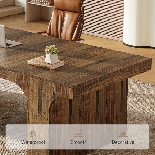 Tribesigns 70.87" Executive Office Desk with Arched Design, Rustic Brown | Modern Wooden Writing Table, Large Workspace Computer Desk Simple Business Furniture for Home Office, Sturdy Room - color: Rustic Brown