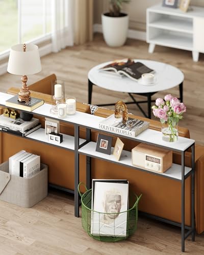 VASAGLE Console Table, 2-Tier Narrow Sofa Table with 2 Shelves, 7.9 x 39.4 x 31.5 Inches, for Living Room, Hallway, Entryway, Marble White and Ink Black ULNT131W59V1 - color: Marble White + Ink Black, size: 39.4"W - Without Power Outlet