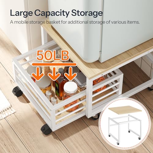HOOBRO End Table, Mini Fridge Stand with Storage, Mini Fridge Table with Wheels and Adjustable Feet, Sturdy Metal Frame, for Living Room, Bedroom, Office, White and Natural WN155TL01 - color: White + Natural