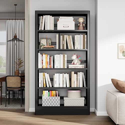 70.9" H Metal Bookshelf, Adjustable Bookcase, 5-Tier Heavy Duty Bookshelf with Bookend, Tall Bookshelves, Bookcase Shelf for Living Room, Office, Library,Classroom (Black-37.4W) - color: Black, size: 37.4" Wide