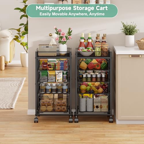 keomaisyto 5-Tier Kitchen Storage Cart with Top Basket & Drawers, Fruit and Vegetable Storage Rack on Wheels, Metal Rolling Cart with Drawers & Kitchen Organization for Snacks, Potatoes, Onions, Cans - size: 5-Tier