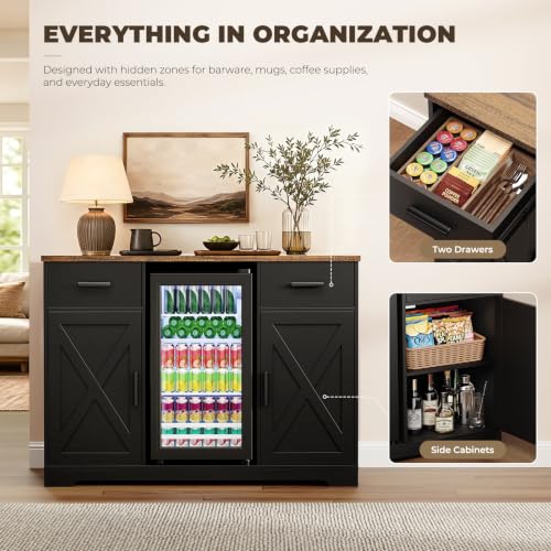 Large Coffee Bar Cabinet with Fridge (Fridge Included), 47'' Farmhouse Bar Cabinet with Wine Storage, Buffet Sideboard Table Station with 2 Drawers & Large Countertop for Home, Black