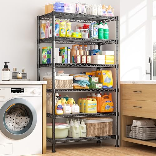 REIBII 6-Tier Storage Shelves Metal Shelving for Storage Load 1000 LBS,Wire Shelves Heavy Duty Shelving Unit Adjustable Pantry Shelf Bathroom Kitchen Garage 24" W x 14" D x 71" H, Black | Heavy-duty 19.1mm steel, Leveling feet+anti-tip, 24"W x 14"D x 71"H