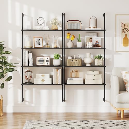 Tangkula 4-Tier Wall-Mounted Bookshelf, Industrial Modern Floating Storage Display Shelves with Metal Frame, Wall-Mounted Ladder Wooden Bookcase for Living Room, Kitchen, Bar, Office (1, Black) - color: Black