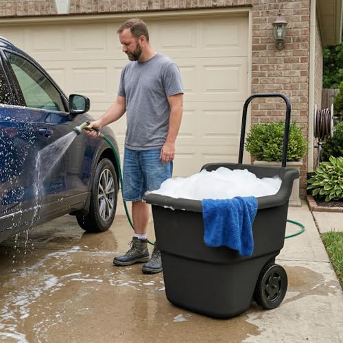 15-Gallon Rolling Lawn and Garden Utility Cart, Durable Resin Yard Wagon with Retractable Handle & 7-Inch Flat-Free Wheels for Outdoor Mulch, Dirt, and Debris Transport, Black