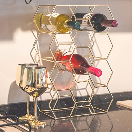 Gusto Nostro Countertop Wine Rack - 14 Bottle Freestanding Modern Gold Metal Small Wine Rack - 3 Tier Tabletop Wine Holder Stand for Cabinet, Pantry, Wine Bottle Storage - No Assembly Required - color: Gold