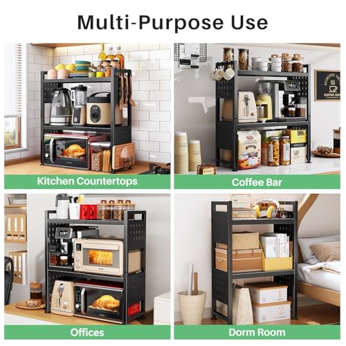 Microwave Stand, 3-Tier Expandable(17.4"- 27.4") Heavy Duty Adjustable Shelf Microwave Oven Rack, Kitchen Countertop Organizer and Storage with 9 Hooks & Cutting Board Holder, Holds up 180 lbs, Black - style: 3 Tier-Black