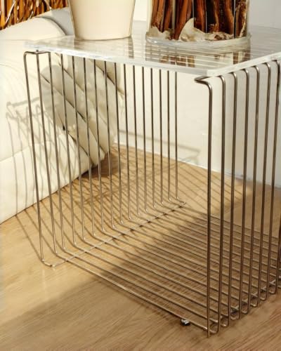 Square Stainless Steel Side Table, Metal End Table with Magazine Rack, Space-Saving Silver Nightstand for Small Spaces, Chrome Side Table with Storage Shelf for Living Room Bedroom Office