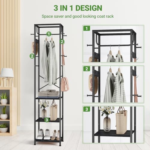 ELYKEN Coat Rack Freestanding, Hall Tree with 3 Storage Shelves and 12 Hooks, Metal Clothes Rack Stand Organizer for Bedroom, Hallway, Entryway, Office, Living Room, Black - color: Black