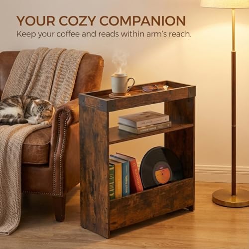 Farmhouse Narrow Side Table with Tray Top & Magazine Rack, Sofa Couch Side Table with Storage Shelf, Slim End Table for Small Spaces, Modern Nightstand for Bedroom, Living Room (Rustic Brown) - color: Rustic Brown