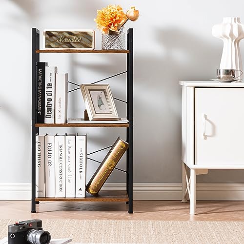 HCHQHS Small Bookshelf, Adjustable 3-Tier Industrial Bookcase, Rustic Open Book Shelf, Wood and Metal Horizontal Bookshelves - color: Rustic Brown, size: 3-Tier (16.5"W x 31.5"H, Adjustable)