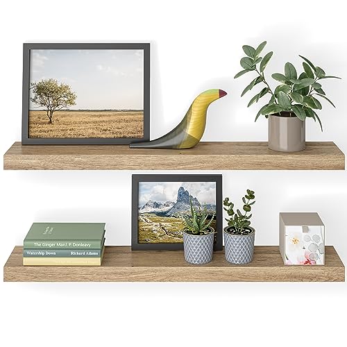 Ballucci Floating Shelves, 36" Wood Wall Shelf Set of 2, with Invisible Brackets for Bathroom, Living Room, Bedroom, Kitchen, Nursery, 6" Deep, Oak Finish - color: Natural Oak, size: 35.4 inches