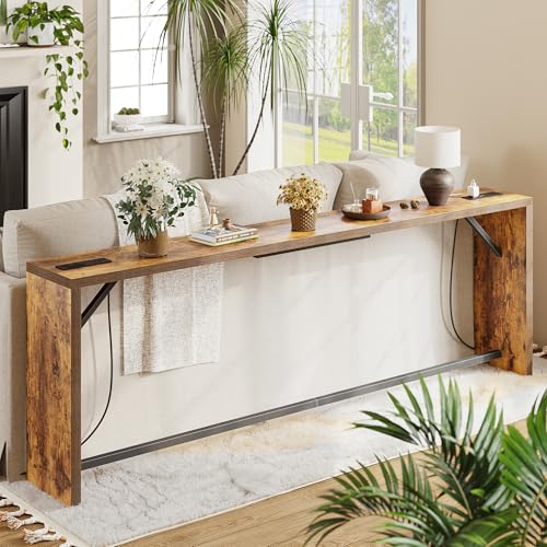 TIQLAB Sofa Table, 79''L x 9.1''W (1.2'' Thickness) Long Console Table Behind Couch, Entryway Table with Angled Metal Frame, Industrial Console Table, Rustic Brown - color: Rustic Brown, size: 79''L x 9.1''W x 31.5''H