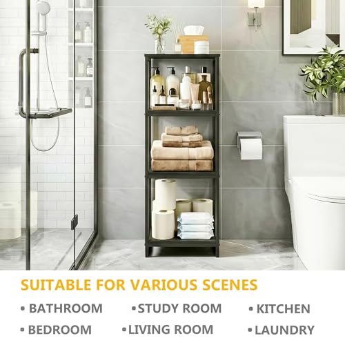4-Tier Bathroom Shelving Unit, Narrow Corner Slim Rack, Black | 33.7"H, Metal Frame, Wood Finish Shelf, for Laundry Room, Kitchen, Living Spaces, Sturdy Build - size: 4-Tier