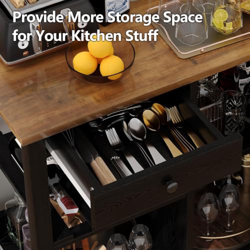 Small Kitchen Island Cart on Wheels with 31.4'' Wood Tabletop, Black | Farmhouse Rolling Kitchen Island with Storage, Lockable Wheels, Drawer, Adjustable Shelf and Wine Rack for Dining Room - style: Black