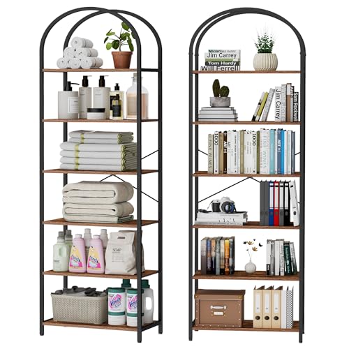 Homhedy 6-Tier Arched Bookshelf, Display Racks, Tall Book Shelf, 73.6" H | Wood and Metal Bookcase, Industrial Display Standing Shelf Unit, for Home, Office, Living Room, Bedroom, Rustic Brown - size: 6 Tier -23.6"W