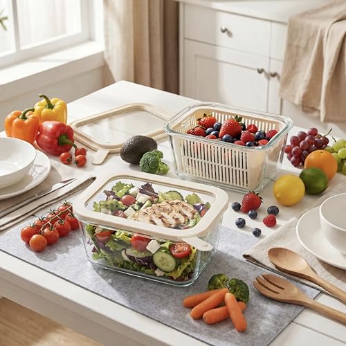 Urban Green Glass Food Storage Containers with Glass Lids, Microwave Safe Food Container Set, Aitight Meal Prep Container Set, BPA Free, 2 extra Colanders, LeakProof, 2 Pack of 60oz - color: Ivory White- 2RT