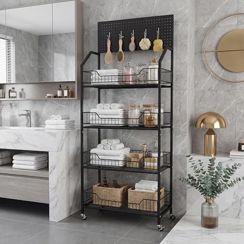 4 Tier Supermaket Snack Rack Display Stand, Retail Display Shelves with Hooks & Wheels, Metal Snack Shelf for Store Home Kitchen, Black Chip Rack Display Stand (4 Tier(60cm)) - size: 4 Tier(23.6inch)