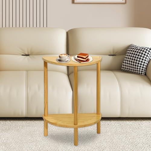 End Table Half Moon Side Tables, 2 Tier Half Round Side Table, Sofa Side Half Round Table with 2-Tier Storage Shelves, Nightstand for Living Room, Bedroom, Small Space, Rustic Brown, Boho Side Table