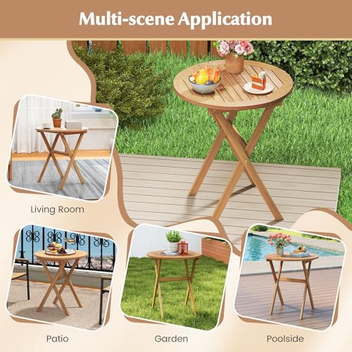 Tangkula 26-Inch Acacia Wood Outdoor Dining Table, Folding Round Patio Bistro Table with Slatted Tabletop & X-Shaped Frame, Outside Dining Table for Porch, Garden, Backyard, Poolside - size: 26"