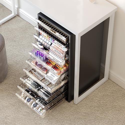 WOPITUES Storage Drawer Cart, Mobile Storage Cabinet, Makeup Storage with 10 Large Clear Drawers, Utility Wooden Rolling Cart on Wheels, for Cosmetic, Art Craft, Office Supplies, Toy, Black