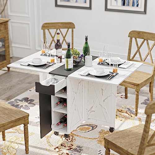 3imothrix Folding Dining Table, Dinner Table with Drawer and Storage and Shelves, Space Saving Dining Table with 6 Wheels, Kitchen Table for Small Spaces (Black) - color: Black