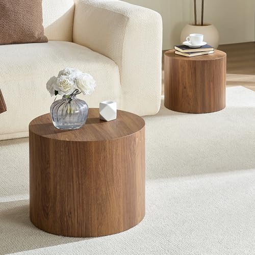 Round Coffee Table Set of 2, Nesting Coffee Table and End Table Set Wood Small Circle Drum Side Table for Living Room Office, No Assembly,Walnut - color: Walnut