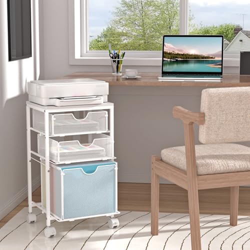 BOHDK Rolling File Cart with 3 Storage Drawers, Wood & Mesh Hanging File Folder Organizer with Wheels Under Desk, File Cabinets for Home Office, 11.81" D x 14.8" W x 25.39" H, White - color: White