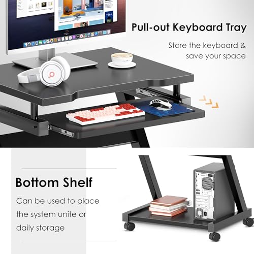 sogesfurniture Mobile Computer Desk, Small Rolling Work Workstation for Home and Office with Printer Shelf, Keyboard Drawers,23.6 x 18.9 x 28.7 Inches,BHUS-DX-8110-BB(Black) - color: Black