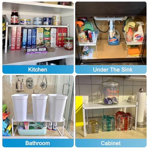 Expandable Shelf for Cabinet, 11" Deep Kitchen Cabinet Organizer, 1 Pack | Adjustable 14-26", Heavy Duty Metal Countertop Riser for Under Sink and Kitchen Cupboard Storage, 55 Lbs Anti-Sag, White - size: 11"D | 1 Pack