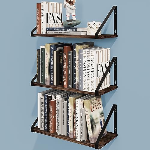 BAMEOS Floating Shelves Rustic Wood Wall Shelf, Small Bookshelf for Living Room, Office, Bedroom, with Metal Bracket - style: 3 pack Carbonized 16"W 8"D