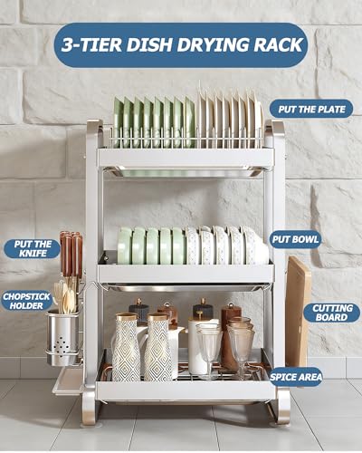 Stainless Steel Dish Drying Rack 3 Tier Dish Rack with Drainer Tray Utensil Holder and Cutting Board Holder Large Capacity Dry Rack for Dishes Kitchen Counter Silver (16.1" L x 10.6" W x 24.6" H)