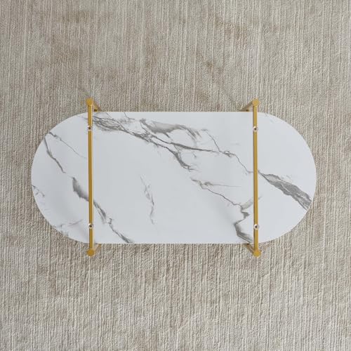 LumFurn Oval Coffee Table, Mid-Century Modern Design, L41 x W21 x H17 inch, for Living Room, Clear Glass Top, White Marble Finish Wood Shelf & Gold Finish Frame - color: Clear & White Marble, size: L41" Oval Coffee Table