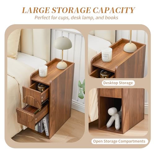 Narrow Nightstands Set of 2 for Bedroom, Mid Century Modern Wooden Bedside with 2 Drawers, Fluted Skinny End Table, 8 Inch Wide Slim Side Tables for Small Spaces - color: Walnut X40