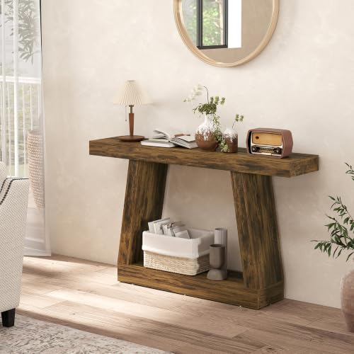 HOMCOM 55.1" Narrow Entryway Table with Thickened Tabletop Rustic Brown | 2-Tier Farmhouse Console Table, Storage Shelf, Trapezoidal Base, for Behind Couch Sofa, Living Room, Hallway, Entrance - size: 55.1" W