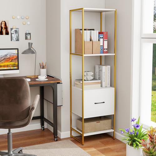 Giantex 4-Tier Bookshelf with Drawer Set of 2, Narrow Bookcase w/ 4 Open Shelves & Metal Frame, Modern Storage Organizer Shelving Unit, Freestanding Display Rack for Bedroom Living Room - color: White+gold