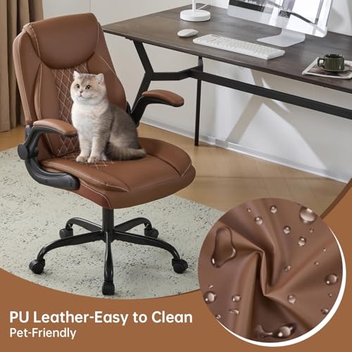 YFO Leather Office Ergonomic Home Office Desk Chair, Back Support Swivel Executive Office Chair with Wheels and Flip-Up Armrests, Small Gaming Chair with Adjustable Rocking Function, Brown - color: Brown
