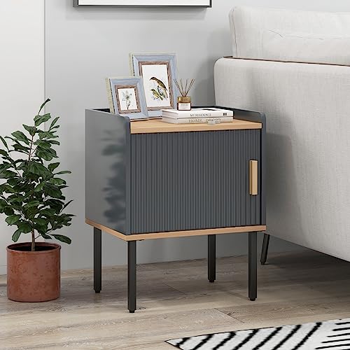 Giantex Nightstand with Storage, Bedside Table with Single Door Cabinet, Compact Floor Side Table with Heavy-Duty Metal Legs, Modern End Table for Living Room, Bedroom, Small Space, Gray