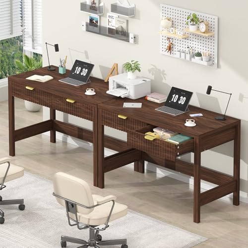 YOMILUVE Fluted Computer Desk with 2 Drawers, 39 Inch Small Computer Desk with Storage, Compact Writing Study Desk for Small Spaces, Walnut - color: Walnut