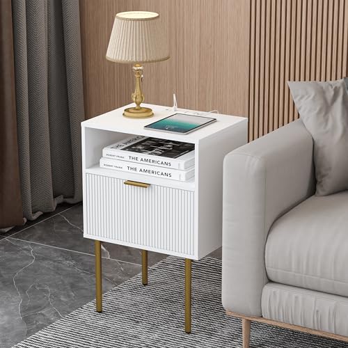 Modern Nightstand with Charging Station and LED Lights, White Bedside Table with Drawer, Fluted Side Table for Living Room, Bedroom - color: White