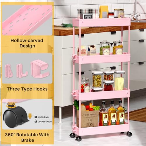 SPACEKEEPER Slim Rolling Storage Cart 4 Tier Bathroom Organizer Utility Cart Mobile Shelving Unit Tower Rack for Kitchen, Laundry Room, Bathroom, Narrow Places, Pink - color: Pink