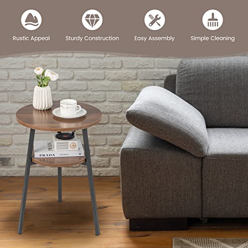 Giantex Round End Table Set of 2, Retro Bedside Table with Open Storage Shelf & Sturdy Triangular Metal Frame, Versatile Accent Table for Bedroom, Living Room & Study, Easy Assembly (2, Walnut)